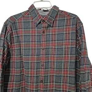 Eddie Bauer Button Down Mens XL Grey Red Plaid Flannel Long Sleeve Shirt Cotton